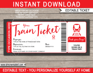 Printable Train Ticket Gift Voucher Template | Red | Surprise Train Trip Reveal Ticket | Faux Fake Train Boarding Pass | DIY Editable Template | INSTANT DOWNLOAD via giftsbysimonemadeit.com