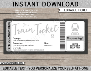 Printable Surprise Train Trip Ticket Template | Silver Glitter | Train Trip Reveal Ticket | Faux Fake Train Boarding Pass | DIY Editable Template | Birthday, Christmas, Anniversary, Mother's Day, Father's Day, Retirement, Spring Break, Graduation | INSTANT DOWNLOAD via giftsbysimonemadeit.com