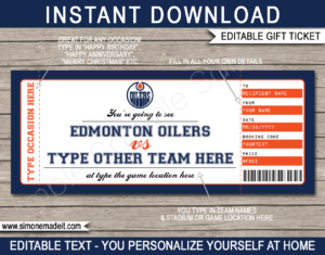 Printable Edmonton Oilers Game Ticket Gift Voucher Template | Printable Surprise NHL Hockey Tickets | Editable Text | Gift Certificate | Birthday, Christmas, Anniversary, Retirement, Graduation, Mother's Day, Father's Day, Congratulations, Valentine's Day | INSTANT DOWNLOAD via giftsbysimonemadeit.com