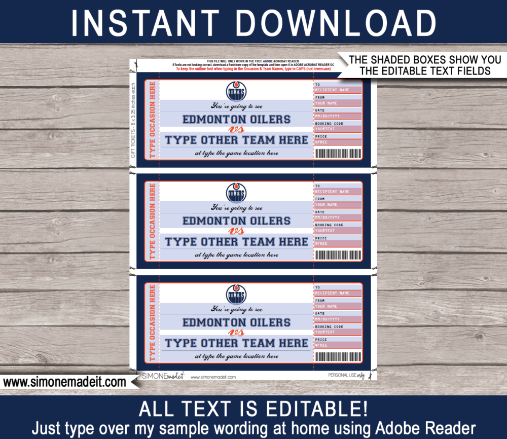 Printable Edmonton Oilers Game Ticket Gift Voucher Template | Printable Surprise NHL Hockey Tickets | Editable Text | Gift Certificate | Birthday, Christmas, Anniversary, Retirement, Graduation, Mother's Day, Father's Day, Congratulations, Valentine's Day | INSTANT DOWNLOAD via giftsbysimonemadeit.com