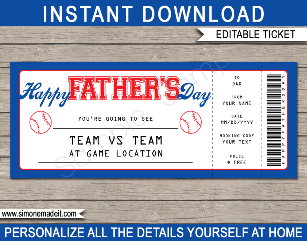 Printable Father's Day Baseball Ticket Gift Voucher Template - Surprise tickets to a Baseball Game for Dad - Gift Certificate - Father's Day present - DIY Editable & Printable Template - INSTANT DOWNLOAD via giftsbysimonemadeit.com #lastminutegift #giftfordad #fathersdaygift