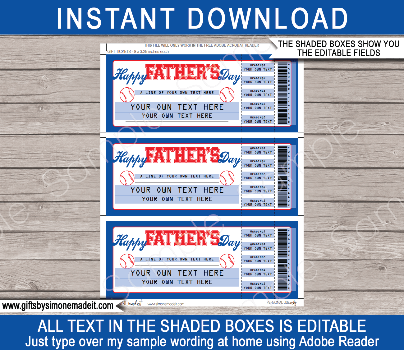 Printable Father's Day Baseball Ticket Gift Voucher Template - Surprise tickets to a Baseball Game for Dad - Gift Certificate - Father's Day present - DIY Editable & Printable Template - INSTANT DOWNLOAD via giftsbysimonemadeit.com #lastminutegift #giftfordad #fathersdaygift