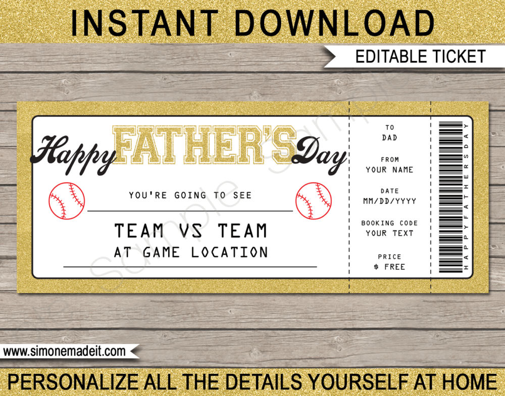 Printable Gold Father's Day Baseball Ticket Gift Voucher Template - Surprise tickets to a Baseball Game for Dad - Gift Certificate - Father's Day present - DIY Editable & Printable Template - INSTANT DOWNLOAD via giftsbysimonemadeit.com #lastminutegift #giftfordad #fathersdaygift