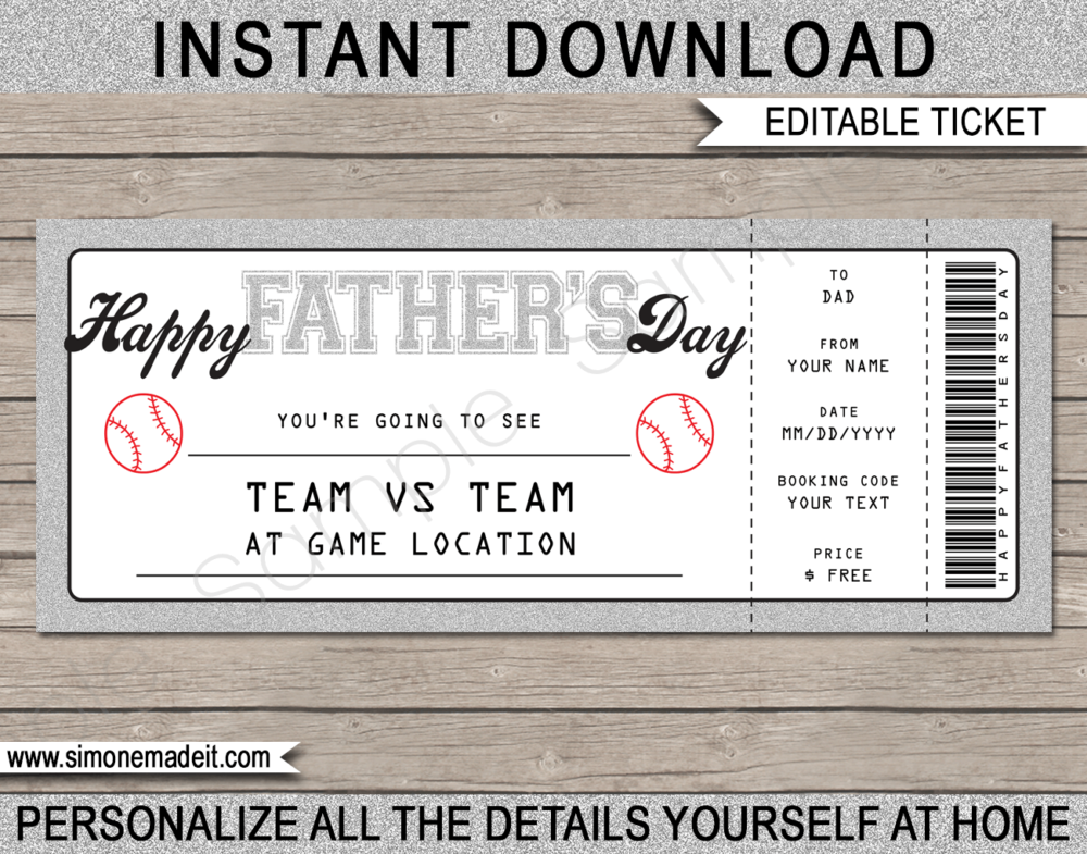 Printable Silver Father's Day Baseball Ticket Gift Voucher Template - Surprise tickets to a Baseball Game for Dad - Gift Certificate - Father's Day present - DIY Editable & Printable Template - INSTANT DOWNLOAD via giftsbysimonemadeit.com #lastminutegift #giftfordad #fathersdaygift