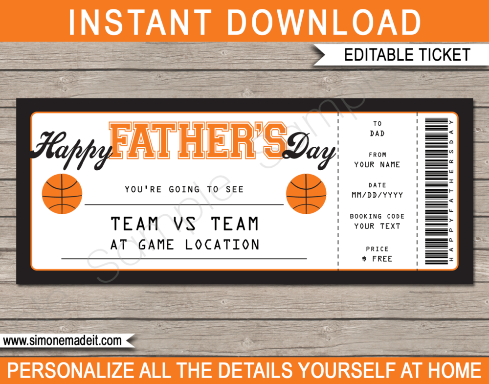 Printable Father's Day Basketball Ticket Gift Voucher Template - Surprise tickets to a Basketball Game for Dad - Gift Certificate - Father's Day present - DIY Editable & Printable Template - INSTANT DOWNLOAD via giftsbysimonemadeit.com #lastminutegift #giftfordad #fathersdaygift