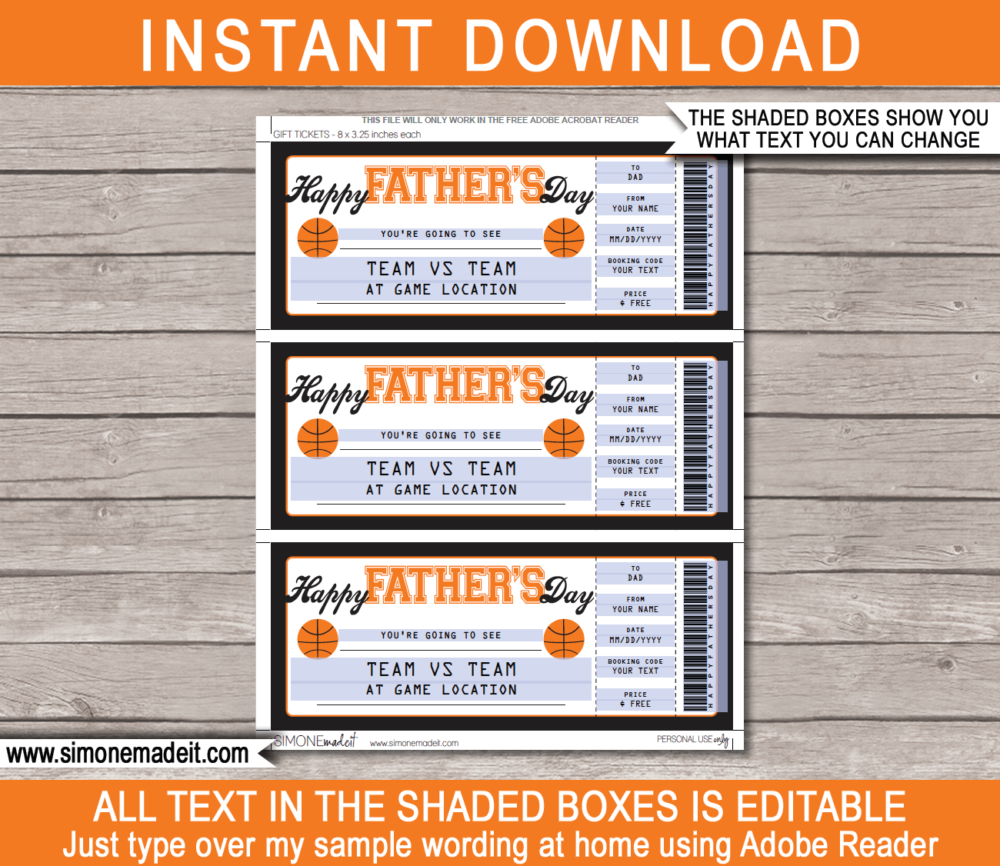 Printable Father's Day Basketball Ticket Gift Voucher Template - Surprise tickets to a Basketball Game for Dad - Gift Certificate - Father's Day present - DIY Editable & Printable Template - INSTANT DOWNLOAD via giftsbysimonemadeit.com #lastminutegift #giftfordad #fathersdaygift