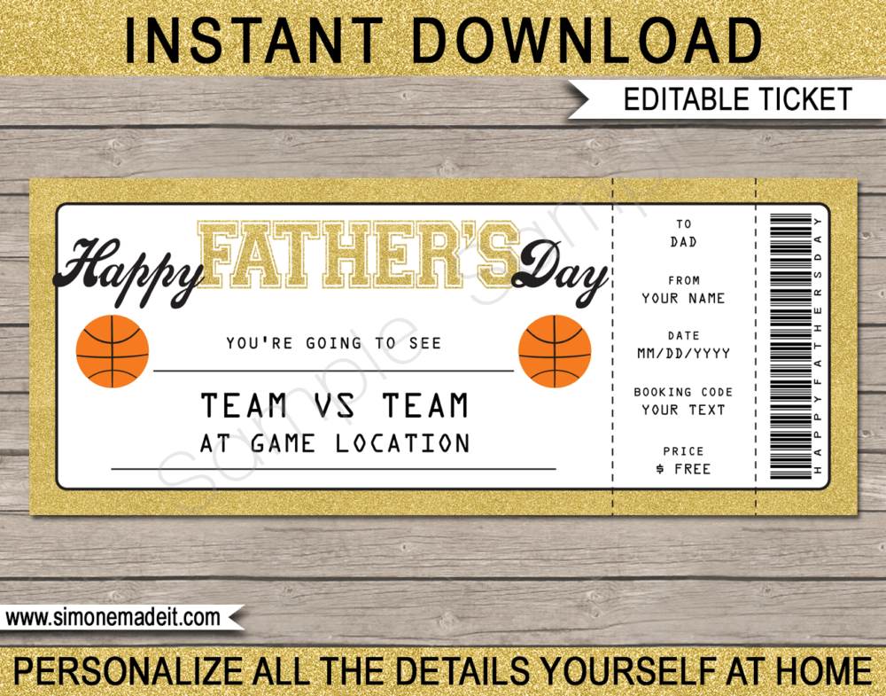 Printable Gold Father's Day Basketball Ticket Gift Voucher Template - Surprise tickets to a Basketball Game for Dad - Gift Certificate - Father's Day present - DIY Editable & Printable Template - INSTANT DOWNLOAD via giftsbysimonemadeit.com #lastminutegift #giftfordad #fathersdaygift