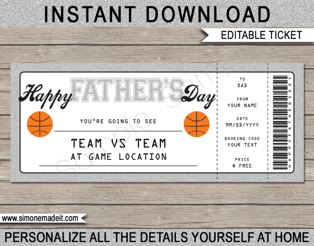Printable Silver Father's Day Basketball Ticket Gift Voucher Template - Surprise tickets to a Basketball Game for Dad - Gift Certificate - Father's Day present - DIY Editable & Printable Template - INSTANT DOWNLOAD via giftsbysimonemadeit.com #lastminutegift #giftfordad #fathersdaygift