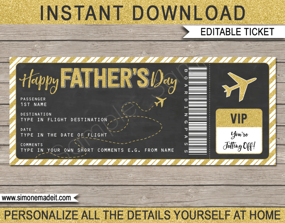 Printable Father's Day Gift Boarding Pass Template | Surprise Trip Reveal, Flight, Getaway, Holiday, Vacation for Dad | Faux Fake Plane Boarding Pass | Travel Ticket | Fathers Day Present | DIY Editable Template | Instant Download via giftsbysimonemadeit.com