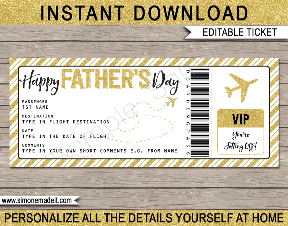 Printable Father's Day Gift Boarding Pass Template | Surprise Trip Reveal, Flight, Getaway, Holiday, Vacation for Dad | Faux Fake Plane Boarding Pass | Travel Ticket | Fathers Day Present | DIY Editable Template | Instant Download via giftsbysimonemadeit.com