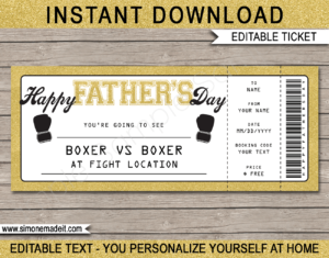 Printable Gold Father's Day Boxing Ticket Gift Voucher Template - Surprise tickets to a Boxing Match for Dad - Gift Certificate - Father's Day present - DIY Editable & Printable Template - INSTANT DOWNLOAD via giftsbysimonemadeit.com #lastminutegift #giftfordad #fathersdaygift
