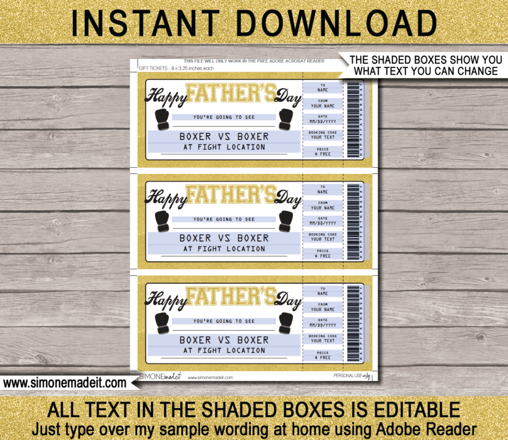 Printable Gold Father's Day Boxing Ticket Gift Voucher Template - Surprise tickets to a Boxing Match for Dad - Gift Certificate - Father's Day present - DIY Editable & Printable Template - INSTANT DOWNLOAD via giftsbysimonemadeit.com #lastminutegift #giftfordad #fathersdaygift