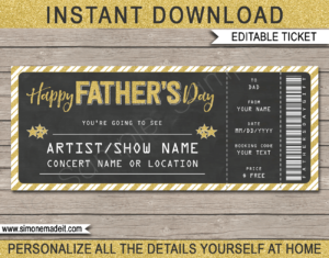 Printable Fathers Day Concert Ticket Template - Surprise Tickets to a Concert for Dad | Chalkboard & Gold Glitter | Editable & Printable DIY Gift Voucher | Last Minute Gift | Concert, Show, Performance, Band, Artist, Music Festival | Instant Download via giftsbysimonemadeit.com