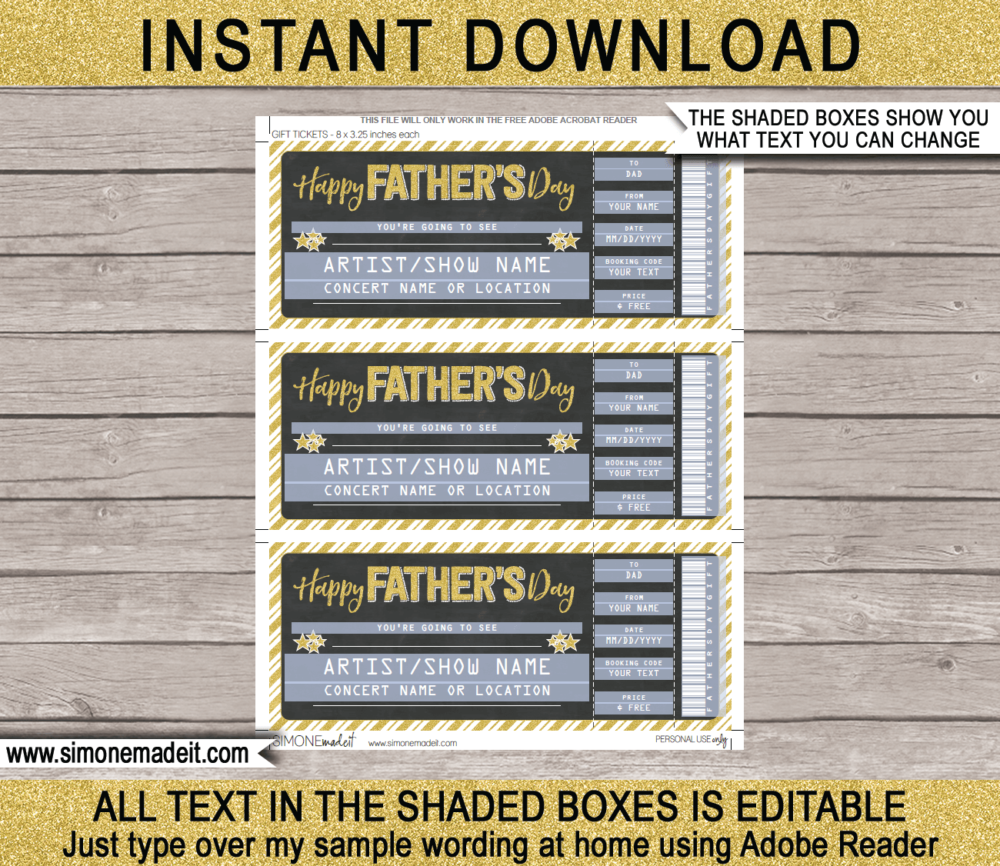 Printable Fathers Day Concert Ticket Template - Surprise Tickets to a Concert for Dad | Chalkboard & Gold Glitter | Editable & Printable DIY Gift Voucher | Last Minute Gift | Concert, Show, Performance, Band, Artist, Music Festival | Instant Download via giftsbysimonemadeit.com