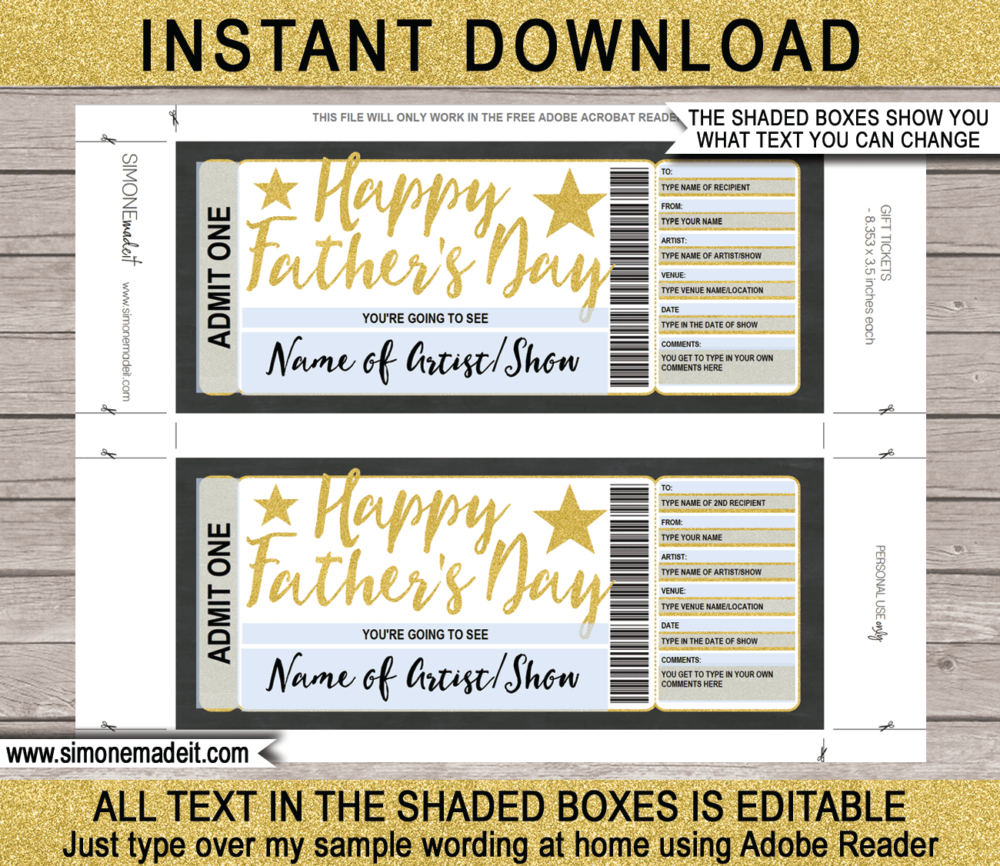 Printable Fathers Day Concert Ticket Gift Voucher template - Surprise Tickets to a Concert for Dad | Gold Glitter | Editable & Printable DIY Voucher | Last Minute Present | Concert, Show, Performance, Band, Artist, Music Festival, Movie | Instant Download via giftsbysimonemadeit.com