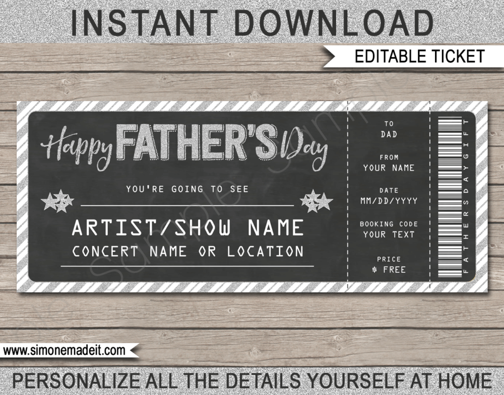 Printable Fathers Day Concert Ticket Template - Surprise Tickets to a Concert for Dad | Chalkboard & Silver Glitter | Editable & Printable DIY Gift Voucher | Last Minute Gift | Concert, Show, Performance, Band, Artist, Music Festival | Instant Download via giftsbysimonemadeit.com