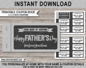 Printable Fathers Day Coupon Book template | DIY editable custom Coupons for Dad | Editable & Printable Gift Template | Silver Glitter & Chalkboard | Instant Download via simonemadeit.com