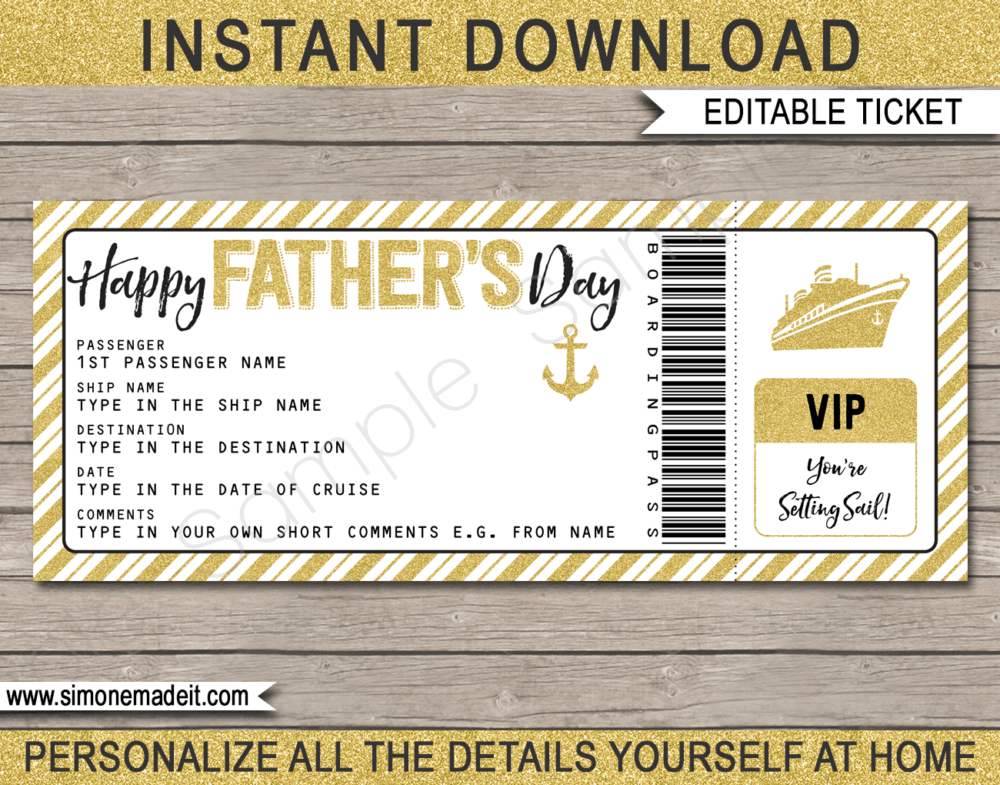 Printable Surprise Fathers Day Cruise Ticket Boarding Pass Gift Template | Gold Glitter | Editable Gift Voucher | Surprise Cruise Reveal for Dad | INSTANT DOWNLOAD via giftsbysimonemadeit.com