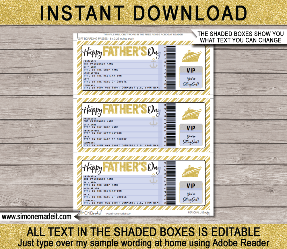 Printable Surprise Fathers Day Cruise Ticket Boarding Pass Gift Template | Gold Glitter | Editable Gift Voucher | Surprise Cruise Reveal for Dad | INSTANT DOWNLOAD via giftsbysimonemadeit.com