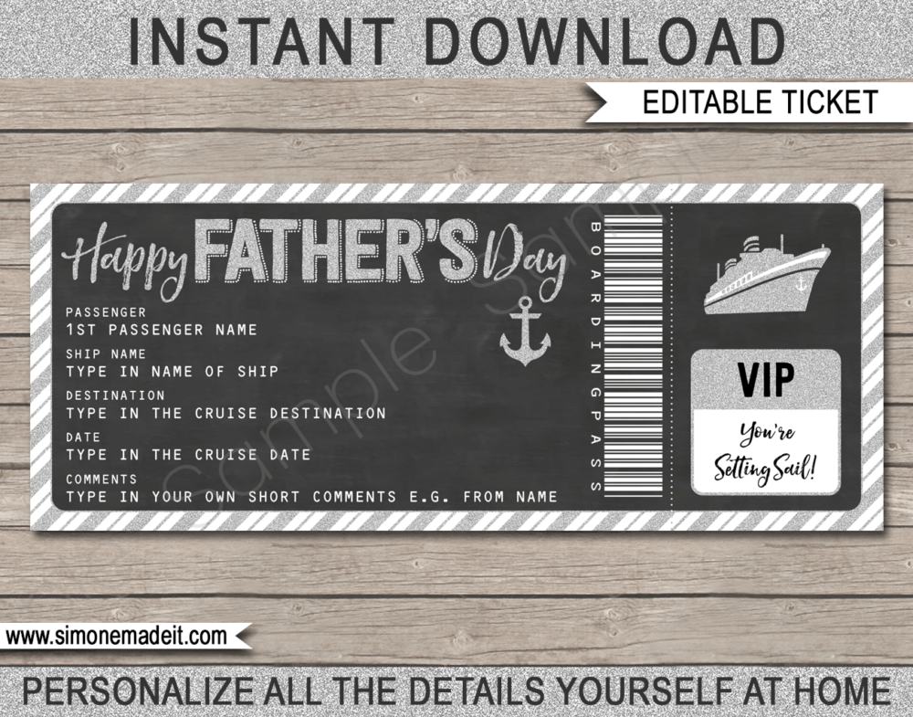 Printable Surprise Fathers Day Cruise Ticket Boarding Pass Gift Template | Silver Glitter & Chalkboard | Editable Gift Voucher | Surprise Cruise Reveal for Dad | INSTANT DOWNLOAD via giftsbysimonemadeit.com