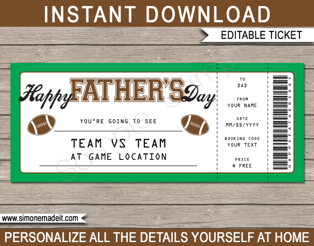 Printable Father's Day Football Ticket Gift Voucher Template - Surprise tickets to a Football Game for Dad - Gift Certificate - Father's Day present - DIY Editable & Printable Template - INSTANT DOWNLOAD via giftsbysimonemadeit.com #lastminutegift #giftfordad #fathersdaygift