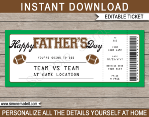 Printable Father's Day Football Ticket Gift Voucher Template - Surprise tickets to a Football Game for Dad - Gift Certificate - Father's Day present - DIY Editable & Printable Template - INSTANT DOWNLOAD via giftsbysimonemadeit.com #lastminutegift #giftfordad #fathersdaygift