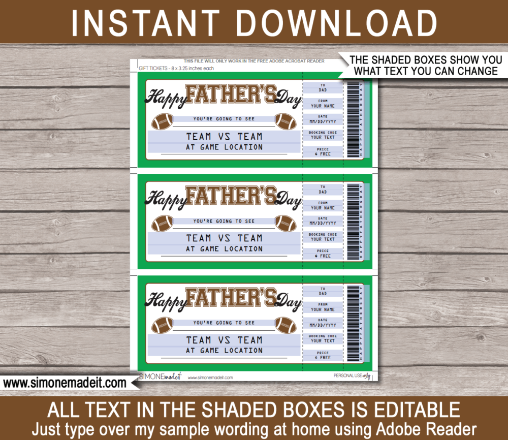Printable Father's Day Football Ticket Gift Voucher Template - Surprise tickets to a Football Game for Dad - Gift Certificate - Father's Day present - DIY Editable & Printable Template - INSTANT DOWNLOAD via giftsbysimonemadeit.com #lastminutegift #giftfordad #fathersdaygift