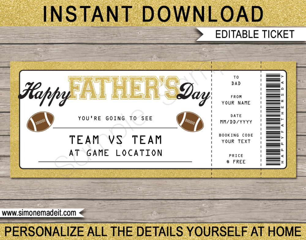 Printable Gold Father's Day Football Ticket Gift Voucher Template - Surprise tickets to a Football Game for Dad - Gift Certificate - Father's Day present - DIY Editable & Printable Template - INSTANT DOWNLOAD via giftsbysimonemadeit.com #lastminutegift #giftfordad #fathersdaygift