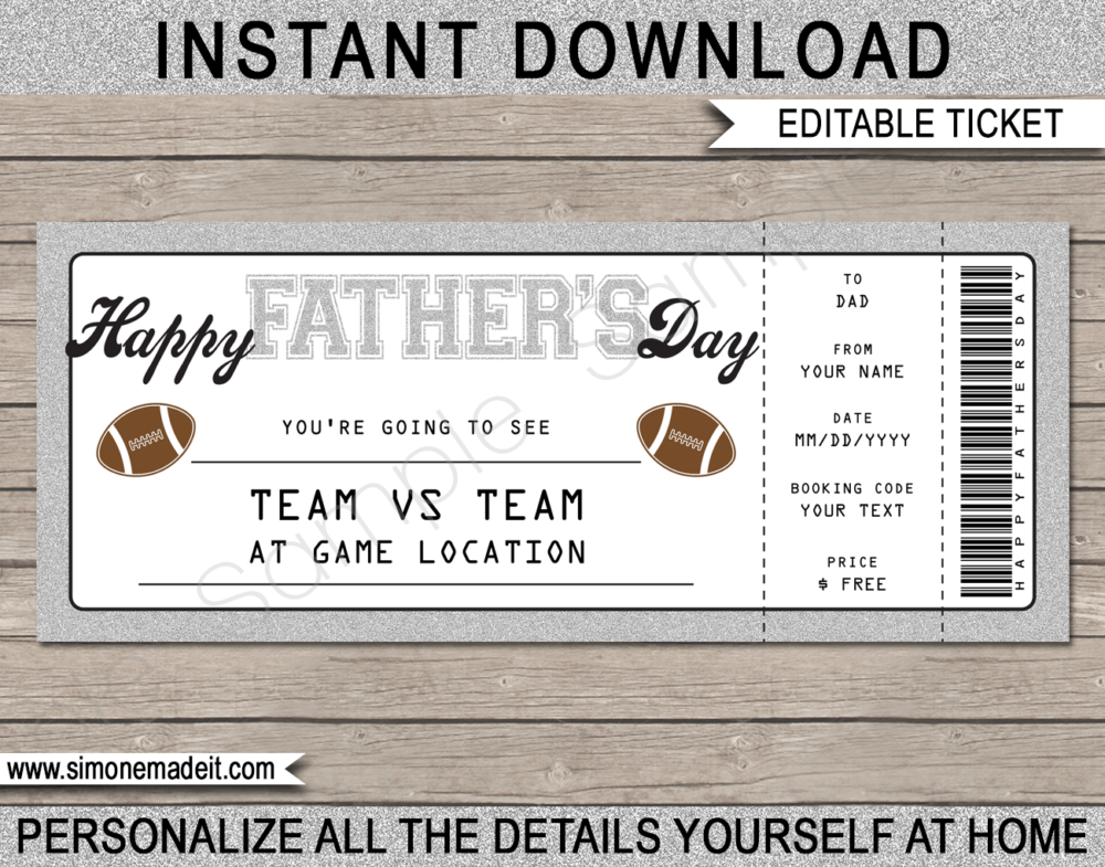 Printable Silver Father's Day Football Ticket Gift Voucher Template - Surprise tickets to a Football Game for Dad - Gift Certificate - Father's Day present - DIY Editable & Printable Template - INSTANT DOWNLOAD via giftsbysimonemadeit.com #lastminutegift #giftfordad #fathersdaygift