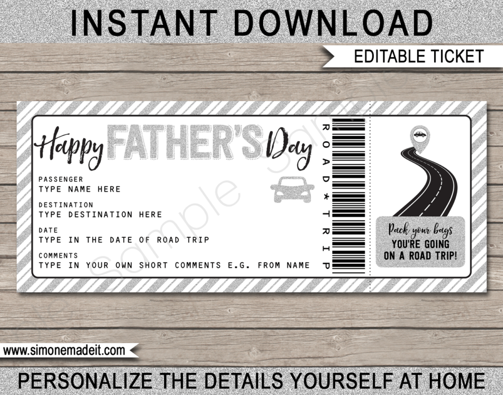 Printable Father's Day Road Trip Ticket Template | Silver Glitter | Surprise Road Trip Reveal Gift Ticket | Fake Ticket | Father's Day Present | Driving Holiday | INSTANT DOWNLOAD via giftsbysimonemadeit.com