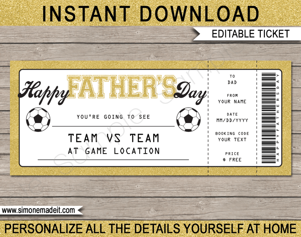Printable Gold Father's Day Soccer Ticket Gift Voucher Template - Surprise tickets to a Football Soccer Game for Dad - Gift Certificate - Father's Day present - DIY Editable & Printable Template - INSTANT DOWNLOAD via giftsbysimonemadeit.com #lastminutegift #giftfordad #fathersdaygift