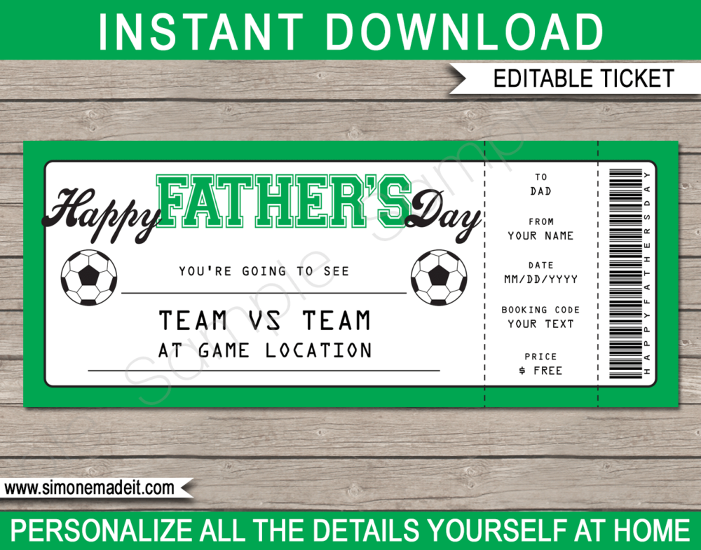 Printable Father's Day Soccer Ticket Gift Voucher Template - Surprise tickets to a Football Soccer Game for Dad - Gift Certificate - Father's Day present - DIY Editable & Printable Template - INSTANT DOWNLOAD via giftsbysimonemadeit.com #lastminutegift #giftfordad #fathersdaygift