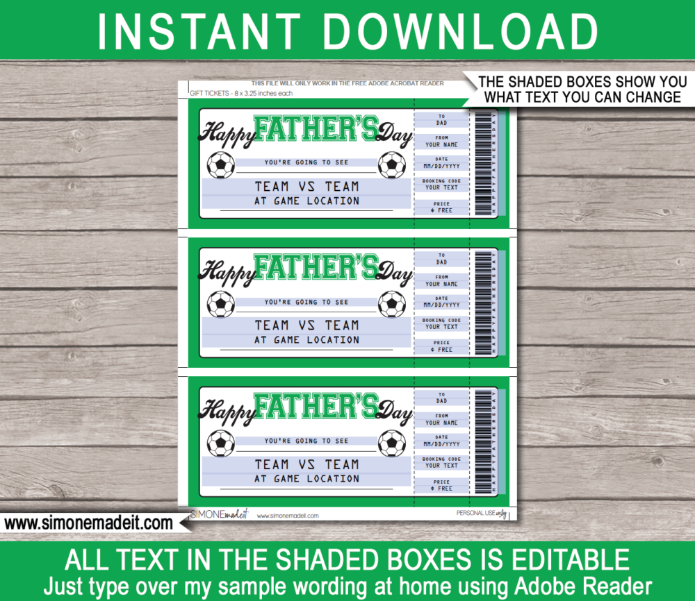 Printable Father's Day Soccer Ticket Gift Voucher Template - Surprise tickets to a Football Soccer Game for Dad - Gift Certificate - Father's Day present - DIY Editable & Printable Template - INSTANT DOWNLOAD via giftsbysimonemadeit.com #lastminutegift #giftfordad #fathersdaygift