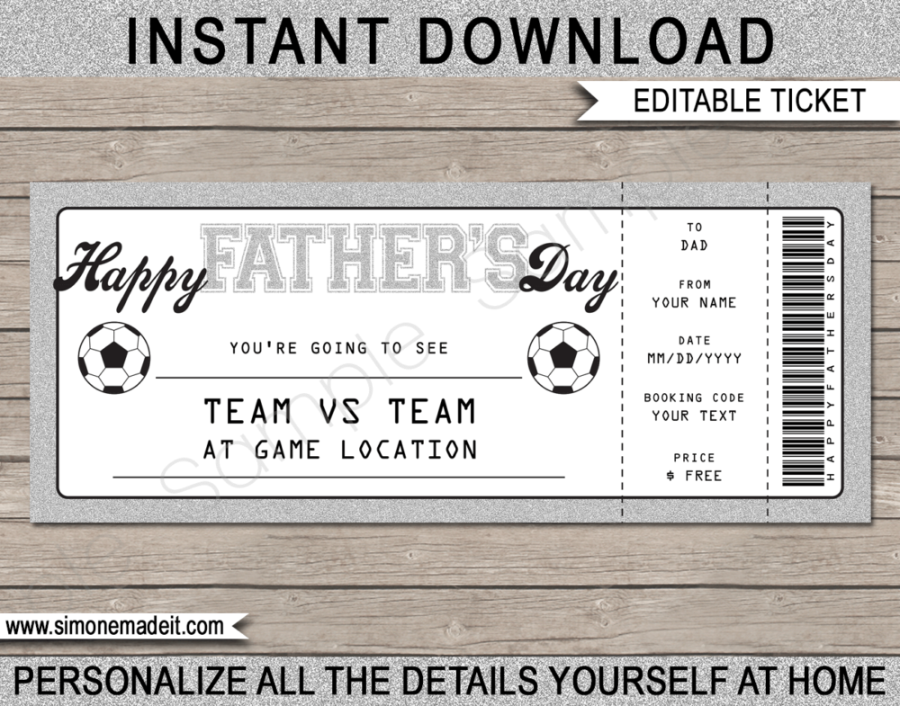 Printable Silver Father's Day Soccer Ticket Gift Voucher Template - Surprise tickets to a Football Soccer Game for Dad - Gift Certificate - Father's Day present - DIY Editable & Printable Template - INSTANT DOWNLOAD via giftsbysimonemadeit.com #lastminutegift #giftfordad #fathersdaygift