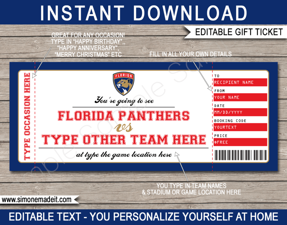 Printable Florida Panthers Game Ticket Gift Voucher Template | Printable Surprise NHL Hockey Tickets | Editable Text | Gift Certificate | Birthday, Christmas, Anniversary, Retirement, Graduation, Mother's Day, Father's Day, Congratulations, Valentine's Day | INSTANT DOWNLOAD via giftsbysimonemadeit.com