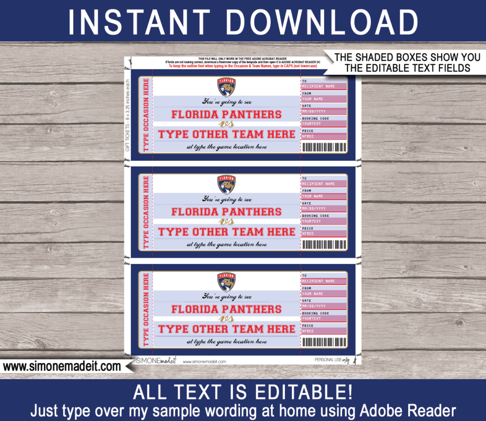 Printable Florida Panthers Game Ticket Gift Voucher Template | Printable Surprise NHL Hockey Tickets | Editable Text | Gift Certificate | Birthday, Christmas, Anniversary, Retirement, Graduation, Mother's Day, Father's Day, Congratulations, Valentine's Day | INSTANT DOWNLOAD via giftsbysimonemadeit.com