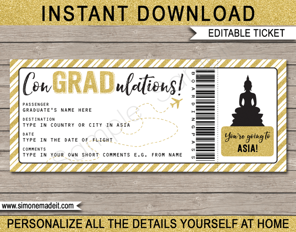 Printable Graduation Trip to Asia Boarding Pass Template | Surprise Trip Reveal | Post Grad Flight, Trip, Vacation to South East Asia | Vietnam, Cambodia, Laos, Thailand | Faux Fake Plane Ticket | Congradulations | Graduate Gift | DIY Editable & Printable Template | Instant Download via giftsbysimonemadeit.com