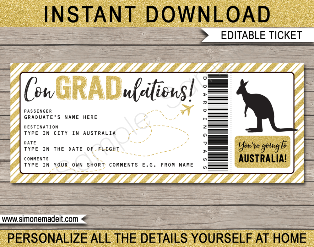 Printable Graduation Trip to Australia Boarding Pass Template | Surprise Trip Reveal | Post Grad Flight, Trip, Vacation Down Under | Faux Fake Plane Ticket | Congradulations | Graduate Gift | DIY Editable & Printable Template | Instant Download via giftsbysimonemadeit.com