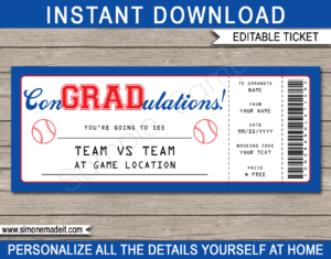 Printable Graduation Baseball Ticket Gift Voucher Template - Surprise tickets to a Baseball Game - Gift Certificate - Graduation present - DIY Editable & Printable Template - INSTANT DOWNLOAD via giftsbysimonemadeit.com #lastminutegift #congradulations