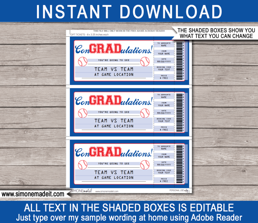 Printable Graduation Baseball Ticket Gift Voucher Template - Surprise tickets to a Baseball Game - Gift Certificate - Graduation present - DIY Editable & Printable Template - INSTANT DOWNLOAD via giftsbysimonemadeit.com #lastminutegift #congradulations