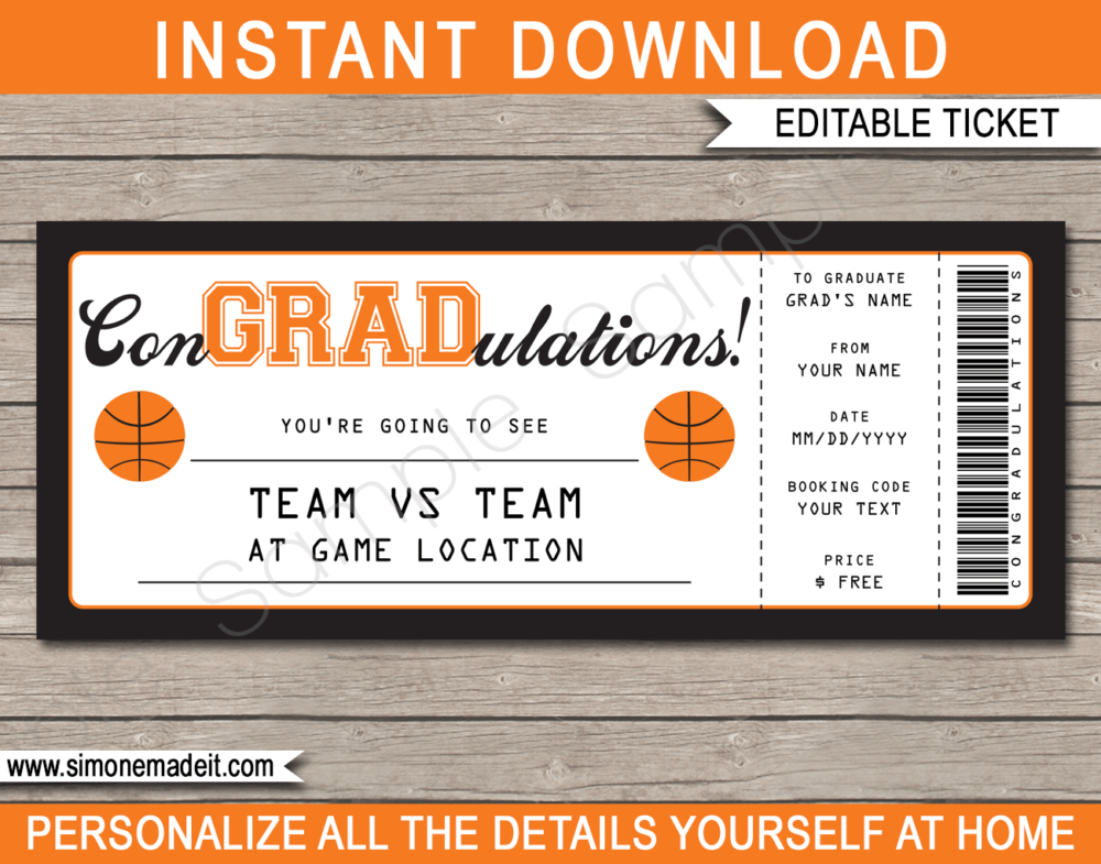 Printable Graduation Basketball Ticket Gift Voucher Template - Surprise tickets to a Basketball Game - Gift Certificate - Graduation present - DIY Editable & Printable Template - INSTANT DOWNLOAD via giftsbysimonemadeit.com #lastminutegift #congradulations