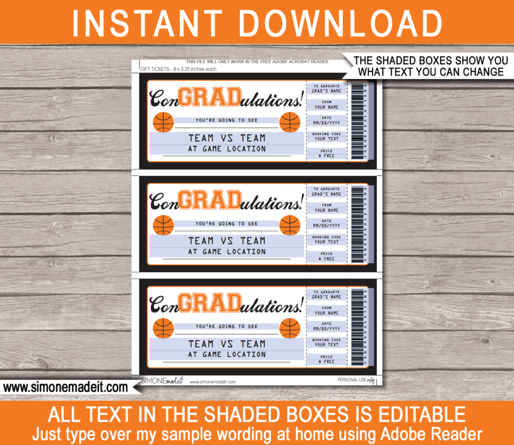 Printable Graduation Basketball Ticket Gift Voucher Template - Surprise tickets to a Basketball Game - Gift Certificate - Graduation present - DIY Editable & Printable Template - INSTANT DOWNLOAD via giftsbysimonemadeit.com #lastminutegift #congradulations