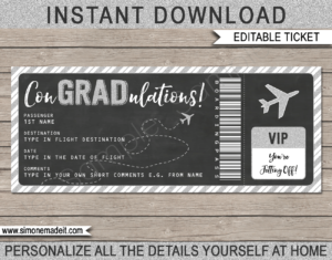 Printable Graduation Boarding Pass Template | Surprise Trip Reveal | Post Grad Flight, Trip, Vacation | Faux Fake Plane Ticket | Congradulations | Graduate Gift | DIY Editable & Printable Template | Instant Download via giftsbysimonemadeit.com