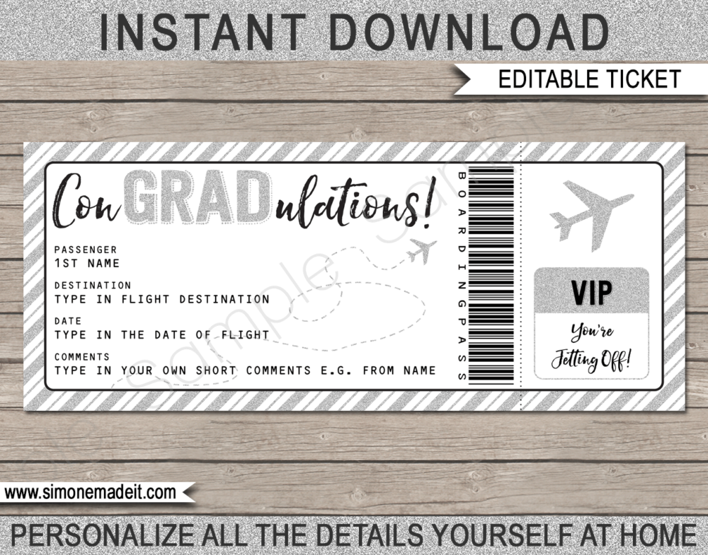 Printable Graduation Boarding Pass Template | Surprise Trip Reveal | Post Grad Flight, Trip, Vacation | Faux Fake Plane Ticket | Congradulations | Graduate Gift | DIY Editable & Printable Template | Instant Download via giftsbysimonemadeit.com