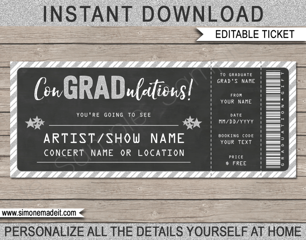 Printable Graduation Concert Ticket Template - Surprise Tickets to a Concert | ConGRADulations | Chalkboard & Silver Glitter | Editable & Printable DIY Gift Voucher | Last Minute Gift | Concert, Show, Performance, Band, Artist, Music Festival | Instant Download via giftsbysimonemadeit.com