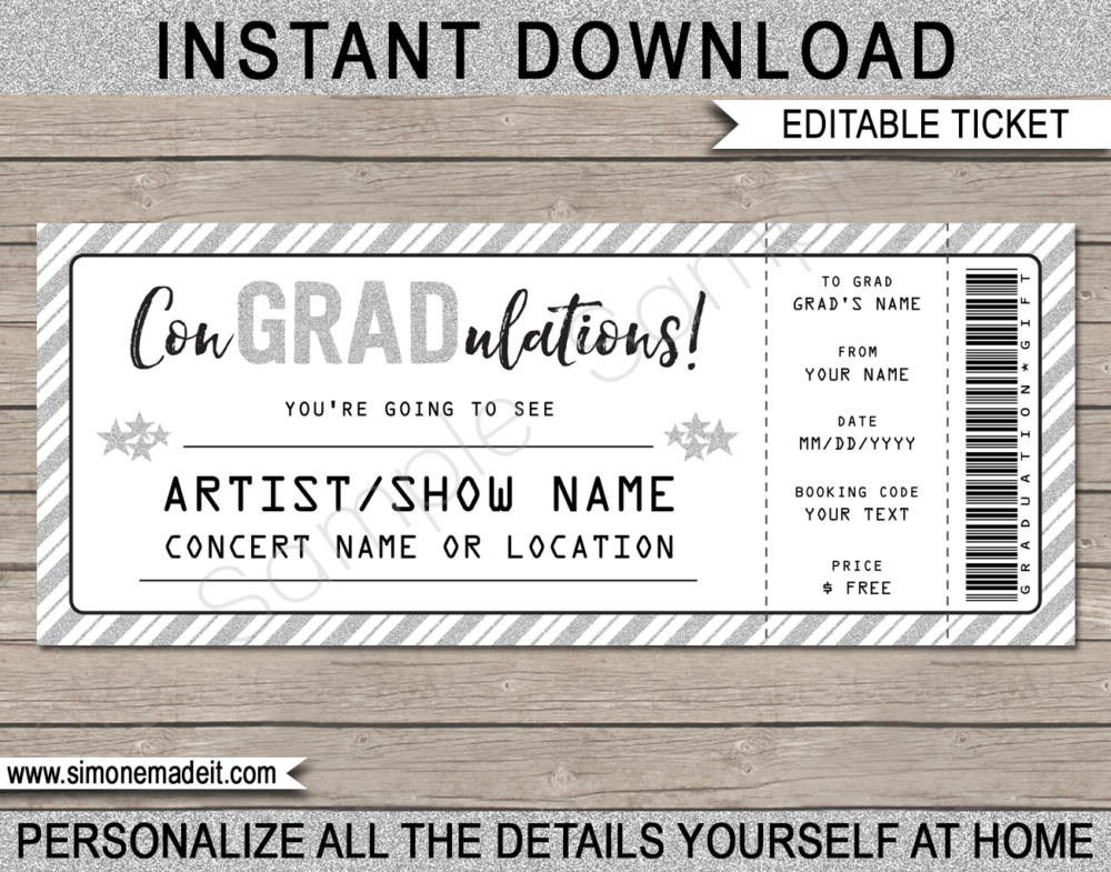 Printable Graduation Concert Ticket Template - Surprise Tickets to a Concert | ConGRADulations | Silver Glitter | Editable & Printable DIY Gift Voucher | Last Minute Gift | Concert, Show, Performance, Band, Artist, Music Festival | Instant Download via giftsbysimonemadeit.com