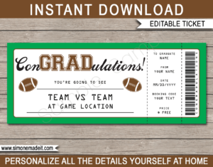 Printable Graduation Football Ticket Gift Voucher Template - Surprise tickets to a Football Game - Gift Certificate - Graduation present - DIY Editable & Printable Template - INSTANT DOWNLOAD via giftsbysimonemadeit.com #lastminutegift #congradulations