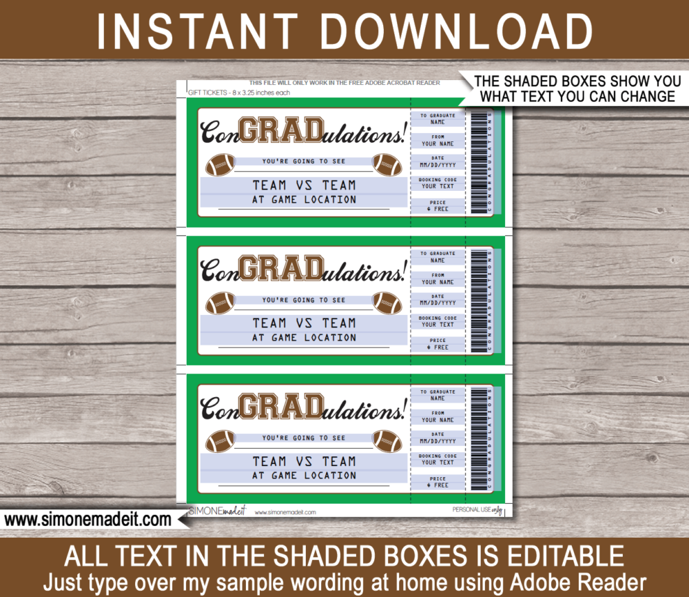 Printable Graduation Football Ticket Gift Voucher Template - Surprise tickets to a Football Game - Gift Certificate - Graduation present - DIY Editable & Printable Template - INSTANT DOWNLOAD via giftsbysimonemadeit.com #lastminutegift #congradulations