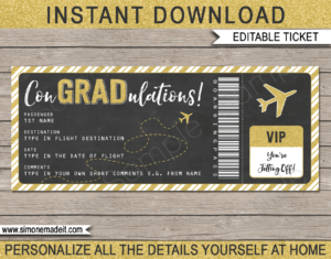 Printable Graduation Gift Boarding Pass Template | Surprise Trip Reveal | Post Grad Flight, Trip, Vacation | Faux Fake Plane Ticket | Congradulations | Graduate Present | DIY Editable & Printable Template | Instant Download via giftsbysimonemadeit.com