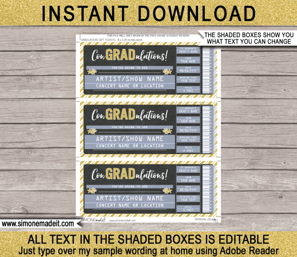 Printable Graduation Concert Ticket Template - Surprise Tickets to a Concert | ConGRADulations | Chalkboard & Gold Glitter | Editable & Printable DIY Gift Voucher | Last Minute Gift | Concert, Show, Performance, Band, Artist, Music Festival | Instant Download via giftsbysimonemadeit.com